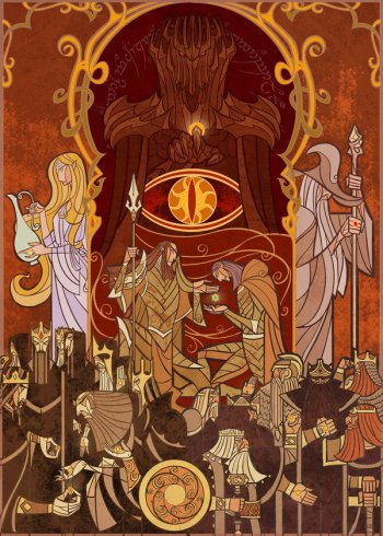 Stained Glass style depiction of the Lord of the Rings